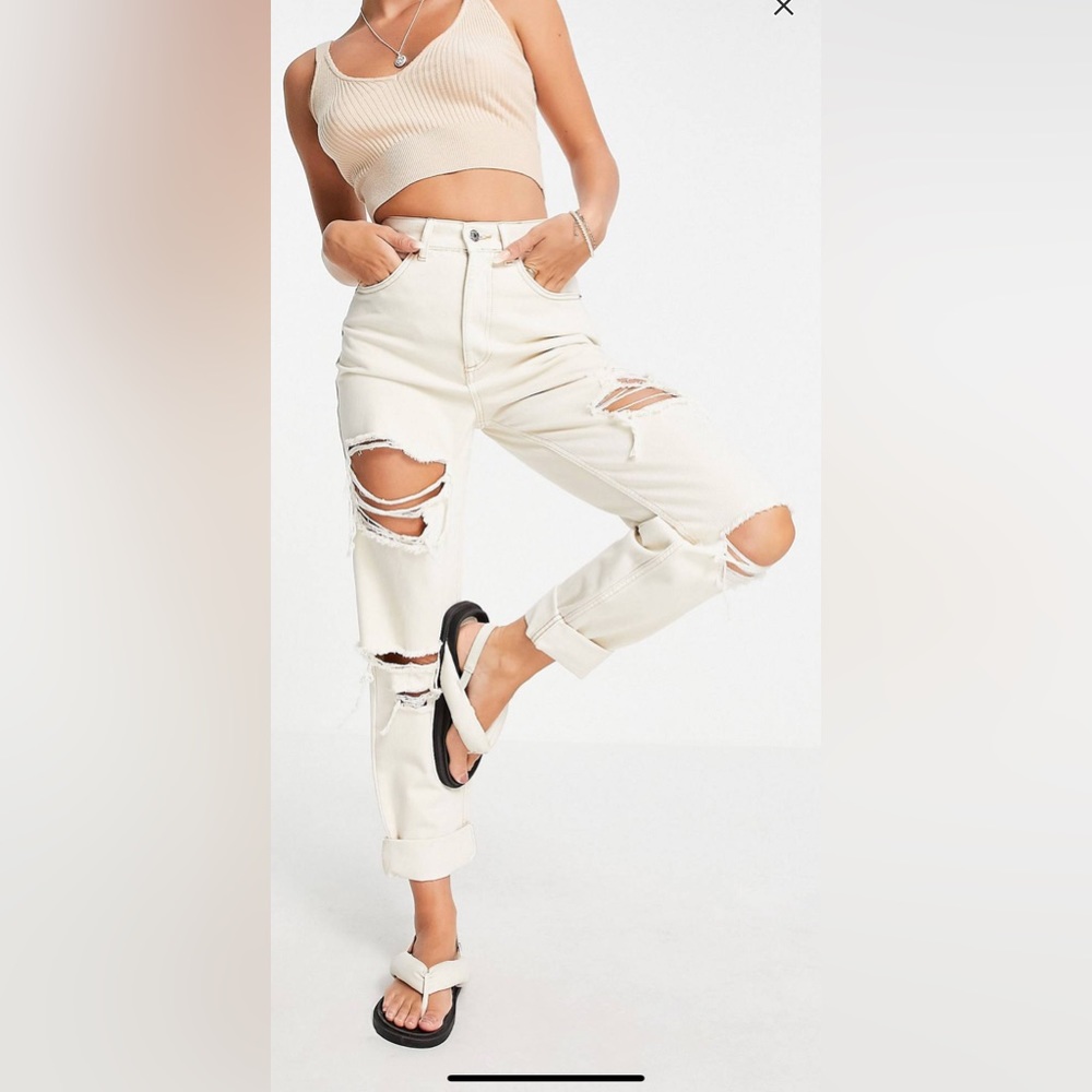 ASOS DESIGN high rise slouchy mom jeans in stone with rips